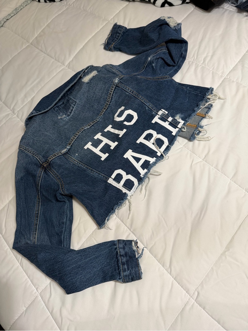 Cropped Distressed Denim Jacket with 'HIS BABE' Graphic - Blue